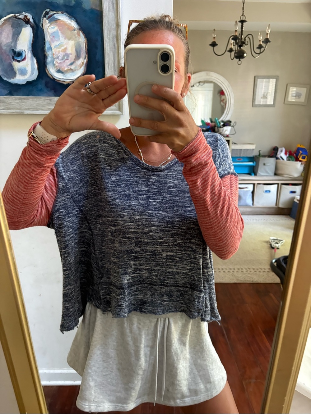 Free People Two-Tone Pullover - Heather Navy Body with Coral Sleeves
